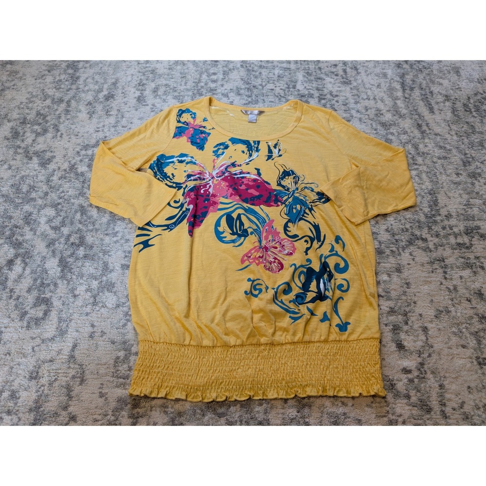 White Stag Yellow Butterfly Graphic Smocked Hem Cotton Blouse Women's Medium